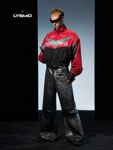 NEON BLANC X LYSMO COLLAB Áo khoác dài tay in chữ màu tương phản dành cho nam, Đồ đôi - Đỏ - Xem 5