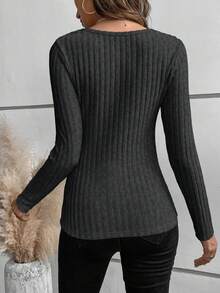 SHEIN LUNE Women's Casual Everyday Commute Simple Solid Color Ribbed Knit Twist Front Fitted Long Sleeve T-Shirt, Spring/Autumn - Dark Grey - View 2