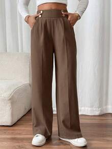 SHEIN PETITE CURVE 大码女式双扣直筒优雅通勤裤 女式休闲裤 高腰裤 褶皱阔腿裤 棕色女裤 棕色阔腿裤