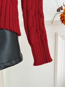 Sweetra 女式简约甜美棕色 V 领粗针织长袖套头衫，秋冬 - 紅色 - 查看 8