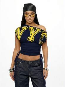 SUMWON Plus Size Off Shoulder Printed Letter Top With Ruched Side Details For Casual Streetwear - Navy Blue - View 1