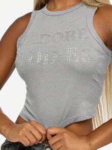 SUMWON WOMEN Áo ba lỗ không tay in chữ đính đá Rhinestone có gân - Xám - Xem 6