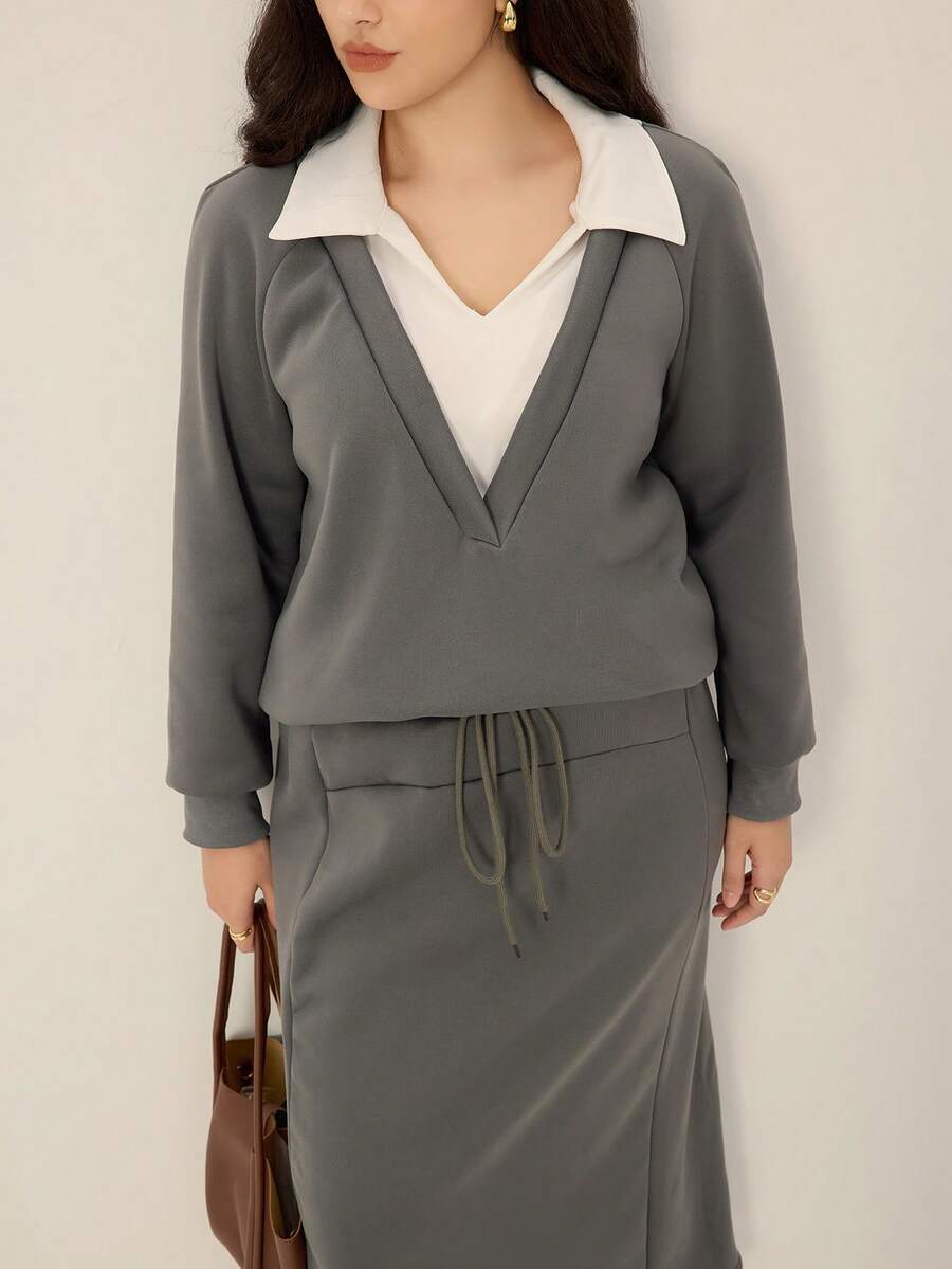 Juhart Bộ đồ 2 món dành cho nữ cỡ lớn, chất liệu dệt kim, kiểu dáng thể thao thường ngày, tay dài, phối màu, gồm áo sweatshirt và chân váy, thích hợp cho mùa thu/đông. - Màu xám đen - Xem 1