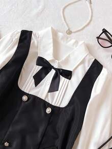 Girls' Cute Black & White Patchwork Dress, Crinkle Hem, Puff Sleeve, Ruffled Collar, Pink Bow Accent, Mesh Ruffle Front - Black - View 4