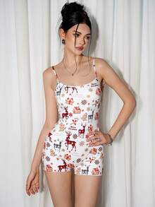 Sweetina Christmas Holiday Reindeer Print Tie Backless Unitard Romper - Multicolor - View 4