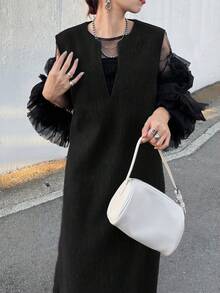 FRIFUL Đầm nữ màu xám đậm trơn, cổ chữ V, không tay, chất liệu vải dệt kim, dáng suông, kiểu dáng thường ngày, xẻ tà, đa năng, thích hợp cho mùa thu hè. - màu đen - Xem 5