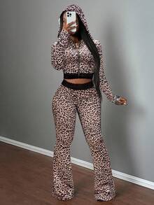 Slaydiva 2025 秋冬新款万圣节生日派对宴会学院风学生日常休闲邮轮旅行热门优雅通勤商务休闲俱乐部朋克赛车摩托车风格修身连帽夹克带蕾丝下摆 + 高腰蕾丝边喇叭裤，棕色豹纹，女士 2 件套 - 彩色 - 查看 2