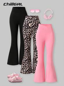 SHEIN 3pcs Girls Leopard Print Minimalist Black Skinny Flare Pants, Versatile Casual Wear For Spring, Summer And Autumn