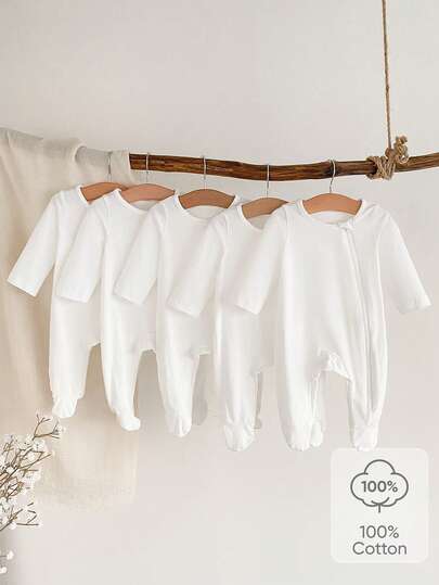 SHEIN 5pcs/Set Newborn Casual Solid Color Romper With Footies And Blanket, Multi-Functional Long Sleeve All Season Homeware Natural Baby Clothes Newborn White Baby Clothes Muslin Baby Clothes Baptism White Romper Baby Neutral Baby Clothes Unisex
