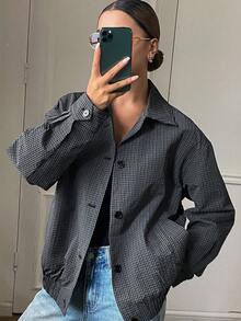 Livesso Women's Loose Business Casual Striped & Plaid Stand Collar Jacket, Street Fashion Regular Outerwear For Autumn & Winter Women Coats - Blue - View 2