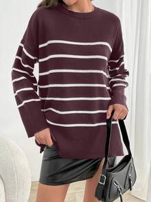 SHEIN Tall Striped Pattern Drop Shoulder Oversize Split Hem Sweater, Tall Women - Dusty Pink - View 3