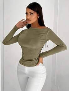 SHEIN SXY 极简镂空不对称肩长袖T恤，性感通勤办公穿搭 - 軍綠色 - 查看 3