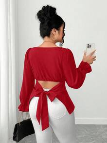 Elenzga Chemise élégante et décontractée pour femmes grandes tailles, manches bouffantes, nœud papillon dans le dos, couleur unie, été - Rouge - Voir 7