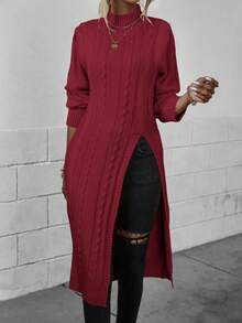 EMERY ROSE 休闲纯色立领高开衩毛衣，秋冬 - 酒紅色 - 查看 6