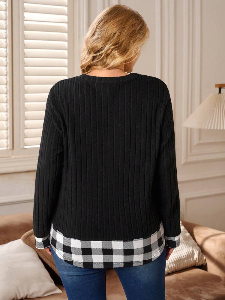 Plus Size V-Neck Long Sleeve Drop Shoulder Ribbed Casual Loose T-Shirt, Plaid Patchwork T-Shirt, Autumn/Winter,2025 New