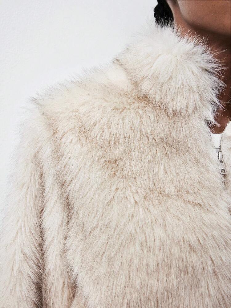 SHEIN Maija Furry Textured Cuff Patchwork Short Faux Fur Jacket, Fashionable & Versatile For Autumn/Winter New Year Casual Clothes For New Year Stylish Clothing Collection Christmas Clothes Women's Winter Jacket