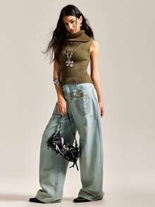 Easelle Áo len cổ lọ màu xanh ô liu không tay thời trang dành cho nữ, màu trơn, có gân, cắt cúp - xanh quân đội - Xem 3