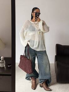 POPSWAY Plus Size Plus Size Sheer Sexy Hollow Out Round Neck Long Sleeve Knit Sweater - Apricot - View 1