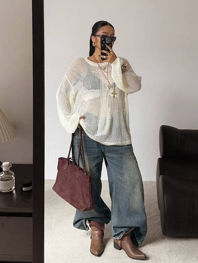 POPSWAY 加大码 加大码 透视性感镂空圆领长袖针织毛衣