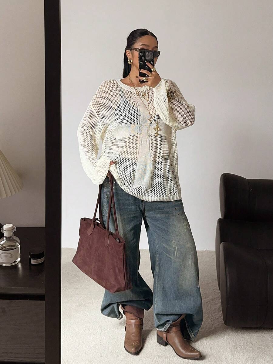 POPSWAY Plus Size Plus Size Sheer Sexy Hollow Out Round Neck Long Sleeve Knit Sweater - Apricot - View 1