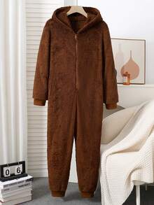 女士米色毛绒趣味动物眼睛和鼻子刺绣连帽连体衣，冬季 - 咖啡棕 - 查看 4