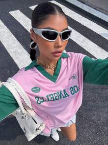 Muchica Pink Women's Contrast Color Knit Letter Pattern Dropped Shoulder Loose T-Shirt Retro Clothes - Pink - View 4