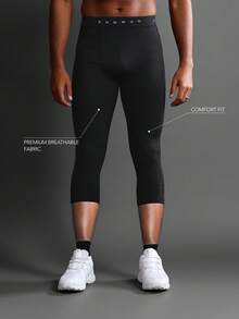 SUMWON 运动压缩跑步 3/4 紧身裤，带高性能提花腰带，底层全长吸湿排汗训练紧身裤，适合健身房瑜伽锻炼四季运动服 - 黑色 - 查看 1