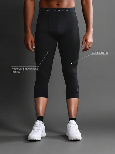 SUMWON 运动压缩跑步 3/4 紧身裤，带高性能提花腰带，底层全长吸湿排汗训练紧身裤，适合健身房瑜伽锻炼四季运动服