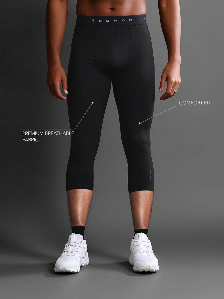 SUMWON 运动压缩跑步 3/4 紧身裤，带高性能提花腰带，底层全长吸湿排汗训练紧身裤，适合健身房瑜伽锻炼四季运动服 - 黑色 - 查看 1