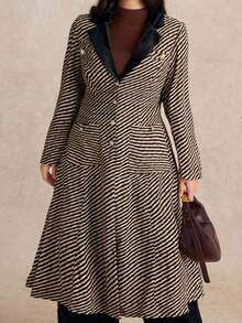 Nubod Plus Size Women Striped Lapel NeckLong Sleeve Metal Button Design Elegant Long Fashionable Jacket, Autumn/Winter