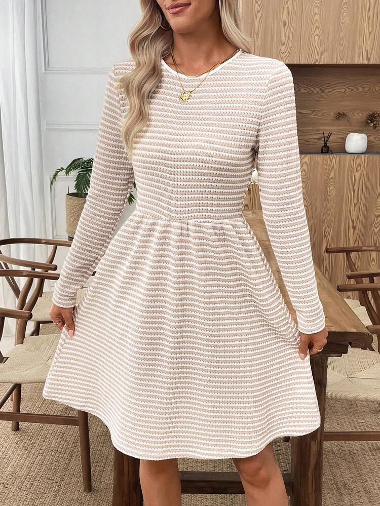 Women's Striped Round Neck Long Sleeve Casual Short Dress Long Sleeve Summer Dress Dress Casual Elegant Dress French Style Dress Cottagecore Dress Cozy Fall And Winter Clothes For Women