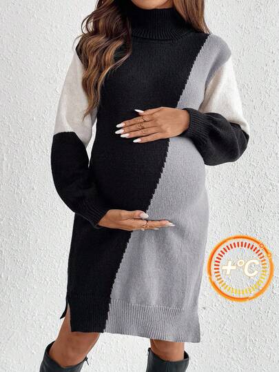 SHEIN Fall Clothes,Autumn Clothes,Maternity Autumn/Winter Clothes Maternity Pregnant Women's Contrast Color Turtleneck Long Sleeve Casual Knitted Dress, Autumn/Winter Long Sleeve Maternity Dress Sweater Dress Maternity Sweater Dress Pregnancy Clothes Maternity Clothes Fall Winter