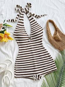 Soleia 女式性感露背条纹印花系带连体衣，海滩度假风格 - 彩色 - 查看 1