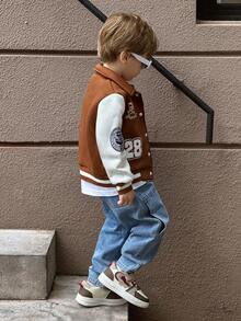 SHEIN 1pc Young Boy Streetwear Casual Jacket, With Stand Collar, White Sleeve Contrast Brown Body, Flocked Patch Decor, Rib Cuff & Hem,  Warm, Suitable For Daily Wear, Sports, School, Travel - Brown - View 3