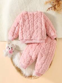 SHEIN 两件套婴儿服装套装，可爱熊头图案毛绒绒卫衣和长裤，粉色，秋冬 - 藕粉色 - 查看 2