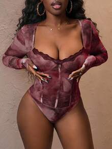 Slaydiva New Elegant Casual Square Neck Lace Decoration Sfumato Pattern Print Long Sleeve Women's Bodysuit Long Sleeve Bodysuit Women Bodysuits Sheer Bodysuit - Burgundy - View 6