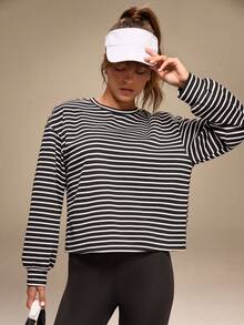 Hanevo 女式休闲条纹落肩长袖T恤 - 紅白色 - 查看 4