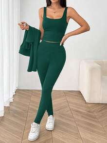 SHEIN EZwear Green Knit Women Zip-Up Cardigan + Camisole + Pants 3Pcs Sportswear Set Green 3 Piece Set Green Set Women 3 Piece Set Women Green 2 Piece Set Woman 3 Piece Outfits Green Lounge Set - Dark Green - View 3