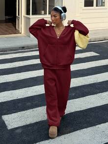 Muchica Women's Cream Yellow Casual Loose Sweatshirt Set, Autumn New Arrival Burgundy Outfit Women Red Suits For Woman Pants Suit Red Blazer Women Red Outfit - Burgundy - View 4