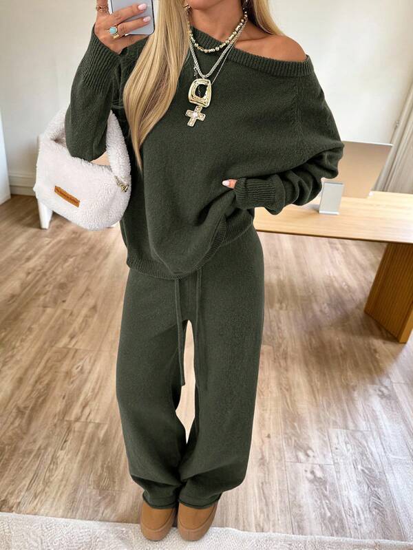 CovetEZ Women's Casual Daily Solid Color Oblique Shoulder Loose Knit Sweater And Pants Set, Autumn/Winter Two Piece Set Women Comfy Two Piece Lounge Set 2 Piece Casual Sets Woman Green 2 Piece Set Comfortable Two Piece Set,Fall,Fall Clothes For Women
