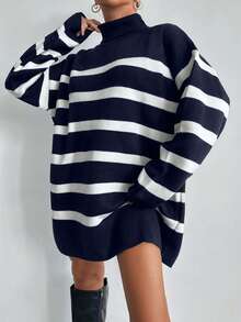 SHEIN Tall Tall Size Women's Turtleneck Oversized Drop Shoulder Long Sleeve Long Sweater - Navy Blue - View 1