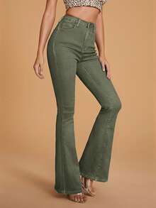 Selenza Casual Washed High Waist Slim Fit Flare Leg Jeans - Army Green - View 5