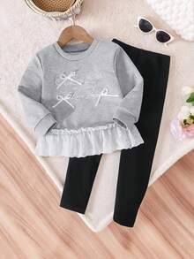 Ensemble de tenues pour filles avec Sweat-shirt ample à manches longues raglan col rond avec accent de nœud en dentelle florale brodée, associé à un legging skinny de couleur unie à taille élastique. Tenue décontractée pour tous les jours et toutes les saisons