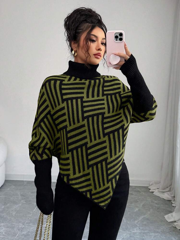 Elenzga Women's Elegant High Neck Geometric Textured Poncho Sweater, Colorblock, Suitable For Home & Travel, Spring/Autumn - Green - View 5