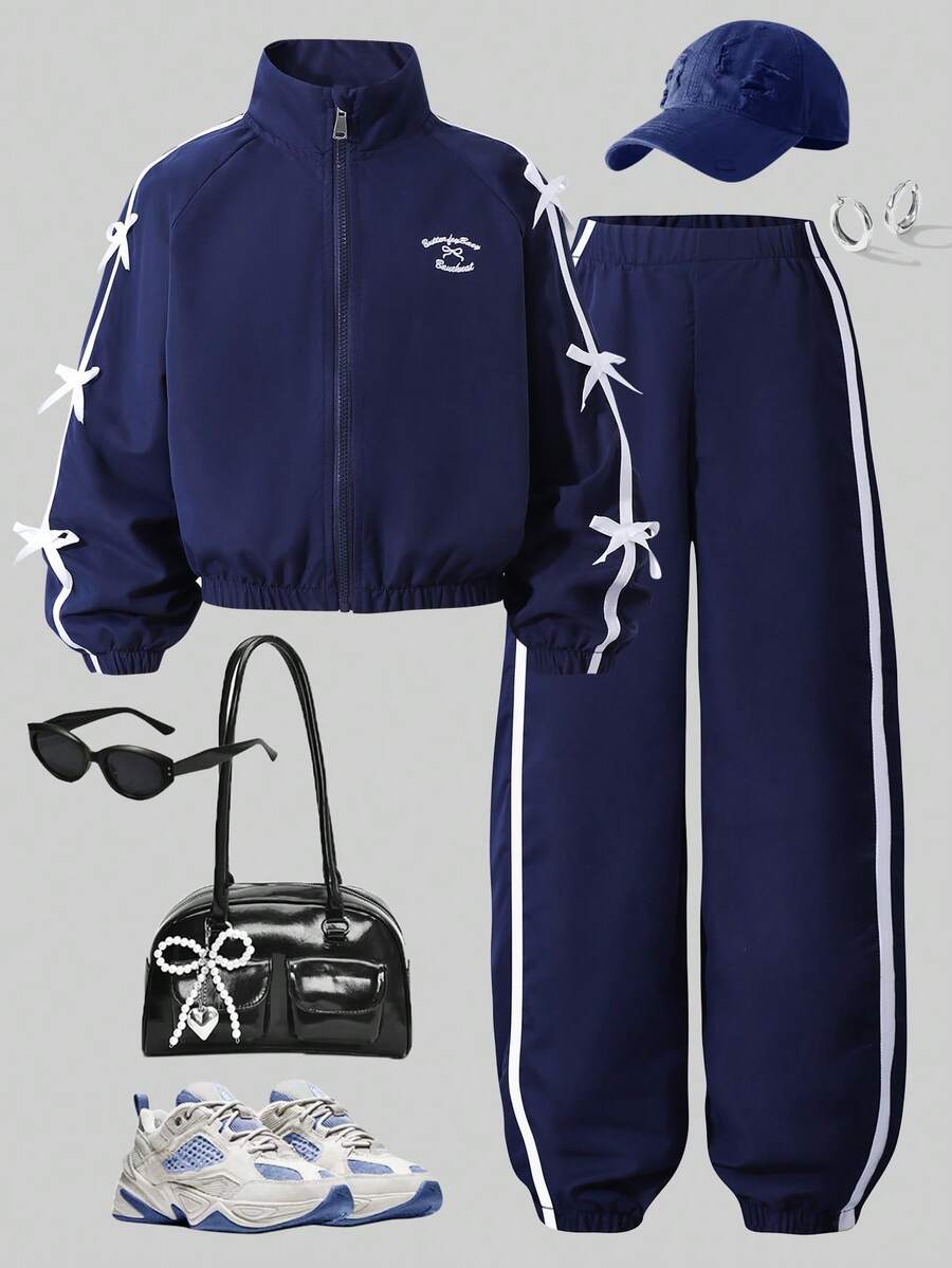 SHEIN Sparklyn Girls' Casual Versatile Outfit Set, With White Letter Embroidery On Front, White Ribbon Bow On Sleeve & Pant Sides, Elastic Cuffs & Hem, Suitable For Autumn/Winter Outings, Can Be Paired With T-Shirts & Long Sleeves