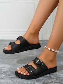 Sandalias mujer plana tiras cruzadas con hebilla doble perforada punta abierta estilo casual verano - Negro - Ver 3