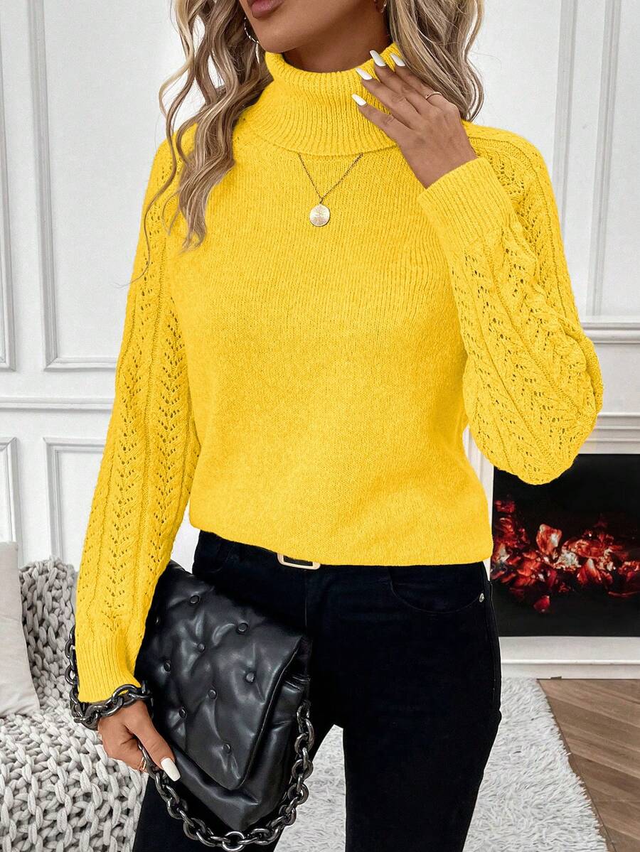 SHEIN Suéter de cuello alto sólido para mujer en invierno y otoño - Mostaza Amarilla - Ver 1