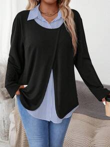 EMERY ROSE Plus Size Casual Patchwork Striped Turndown Collar Long Sleeve Shirt, Autumn - Blue - View 4
