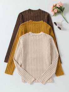 Sparklyn 3件套青少年女孩休闲日常通勤简约纯色罗纹针织长袖T恤 - 黃色 - 查看 2