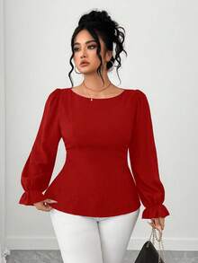 Elenzga Chemise élégante et décontractée pour femmes grandes tailles, manches bouffantes, nœud papillon dans le dos, couleur unie, été - Rouge - Voir 3